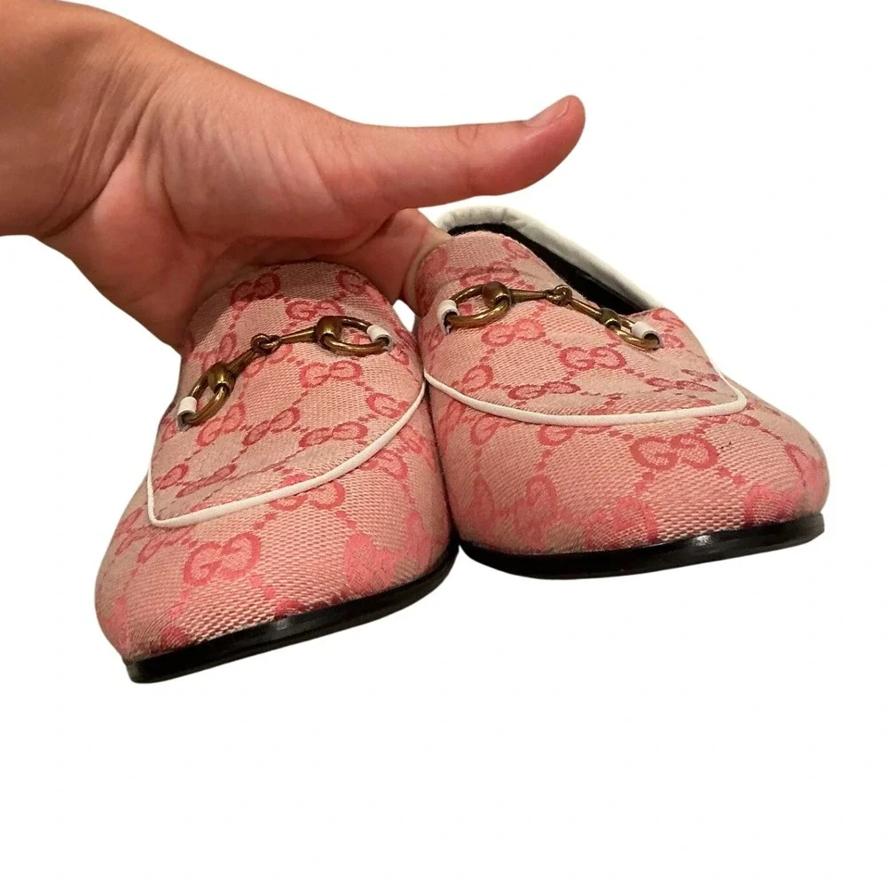 Gucci Jordaan Loafers Pink GG Monogram Canvas Horsebit Shoes IT 41 Mens 8 US